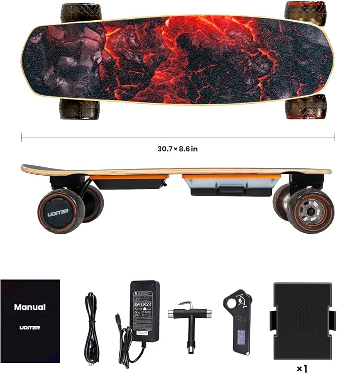 Electric Skateboard with Remote, 200W Motors/2 × 600W Motors, 13Mph/28Mph Top Speed, 4 Speed Smooth Braking, Suitable for Adults and Teens Beginners-Flamo/S3 Mini