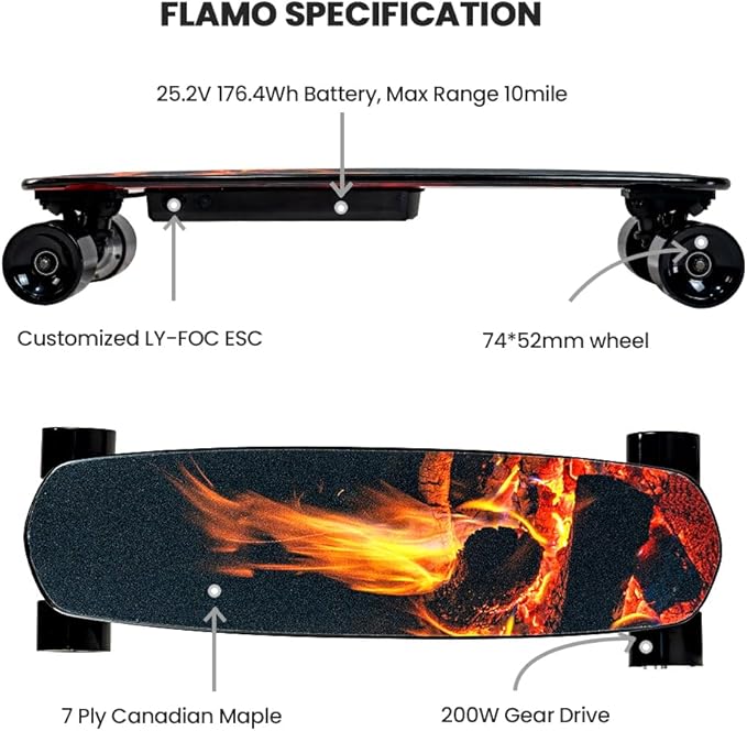 Electric Skateboard with Remote, 200W Motors/2 × 600W Motors, 13Mph/28Mph Top Speed, 4 Speed Smooth Braking, Suitable for Adults and Teens Beginners-Flamo/S3 Mini