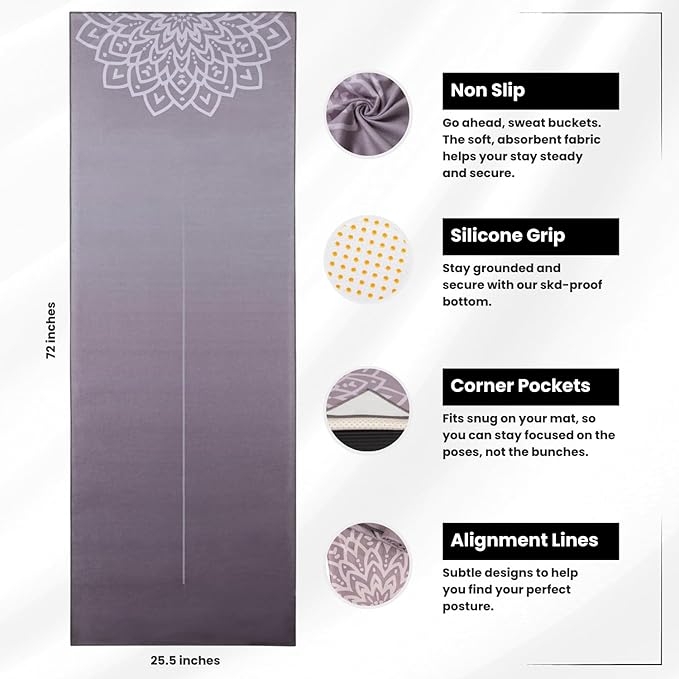 Yoga Drip Yoga Towel - Non Slip Hot Yoga Mat Towel With Corner Pockets, No-Skid Grip, and Built-in Alignment Lines | Soft, Moisture Wicking, and Sweat Absorbent | No Bunching, Stays in Place 72" x 25"