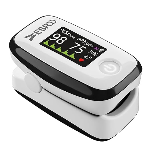 ESPOO Pulse Oximeter with 20 Memory, Oxygen Monitor Fingertip 4 Color TFT Display(SPO2), Alarm & Brightness Adjustable, Batteries & Lanyard Include(White&Black)