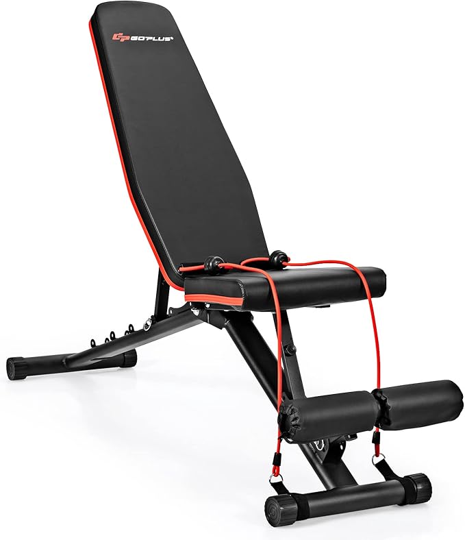 Goplus Adjustable Utility Weight Bench, Multifunctional Dumbbell Bench w/High Elastic Ropes for Strength Training, Max Weight 330lbs, Foldable Flat/Incline/Decline Bench Press for Home Gym Weightlifting