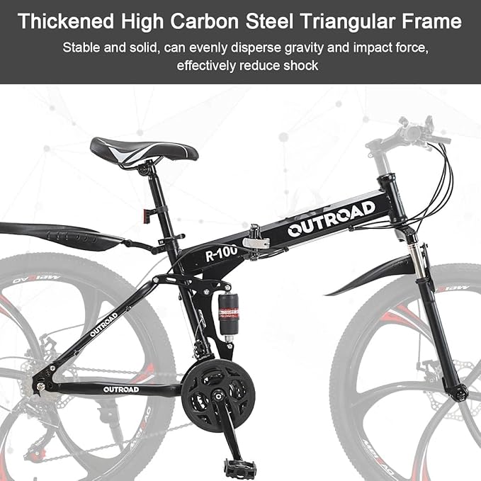 Outroad Folding Mountain Bike Foldable/Unfoldable Bike 26 Inch for Adult, 21-Speed Dual Suspension High-Carbon Steel MTB Foldable Bicycle, Dual Disc Brake Folding Bikes for Women and Men