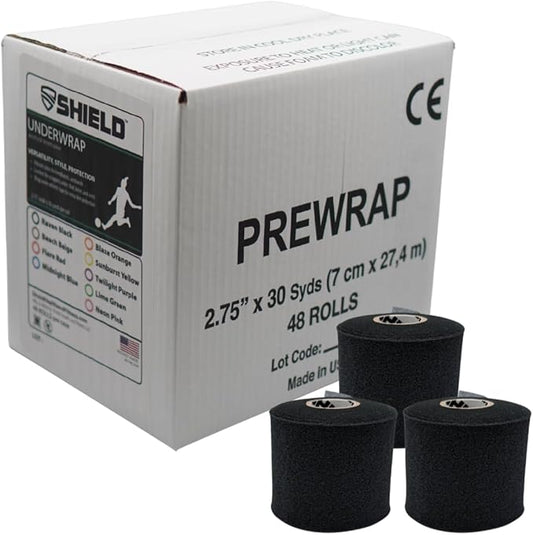 Shield Athletic Underwrap | Bulk Case of 48 Rolls of PreWrap, Hair Tie, Headband, USA Made, Pre-Wrap Athletic Tape, 2.75" X 30 SYards, Foam Barrier, Flexible, Breathable (Black)