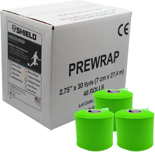 Shield Athletic Underwrap | Bulk Case of 48 Rolls of PreWrap, Hair Tie, Headband, Patellar Support, Pre-Wrap Athletic Tape, 2.75" X 30 SYards, Foam Barrier, Flexible, Breathable (Lime Green)