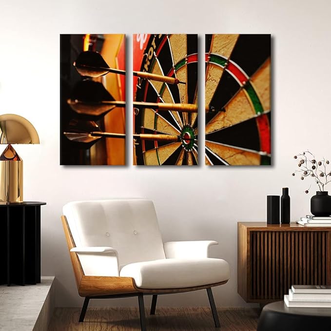 TUMOVO 3 Pieces Modern Home Decoration Inspirational Wall Art, Dart Hits the Bullseye Picture Sports Theme Painting Print on Canvas Contemporary Artwork Stretched Wood Frame Ready to Hang(24" Wx36 H)
