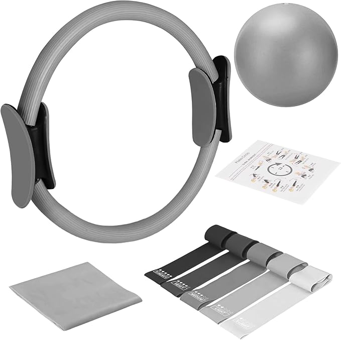 TOPZGLEEY Pilates Ring Set โ 14" Anti-Deformation Magic Circle with Padded Handles, Mini Ball, 5 Resistance Bands, Guide, Pilates Equipment for Home Workout