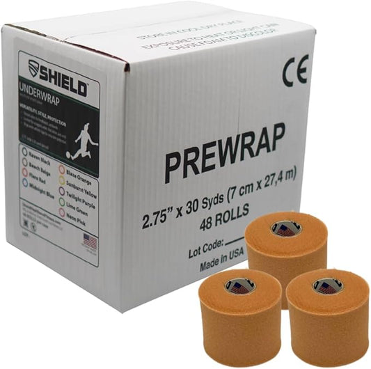 Shield Athletic Underwrap | Bulk Case of 48 Rolls of PreWrap, Hair Tie, Headband, Patellar Support, Pre-Wrap Athletic Tape, 2.75" X 30 SYards, Foam Barrier, Flexible, Breathable (Tan)