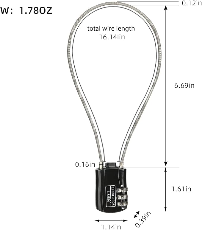 Wire Combination Lock Padlock, Wire Diameter 3/24", 16" Circumference, Suitable for Travel Luggage, Backpack, Cycling Helmet, Small Cabinet, Gym Cabinet, Suitcase