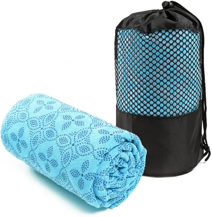 Yoga Towel, Hot Yoga Mat Towel - Sweat Absorbing Non-Slip for Hot Yoga, Pilates and Workout, 24x72 inches with Upgraded Clover-Shaped Grip Dots (Light Blue)