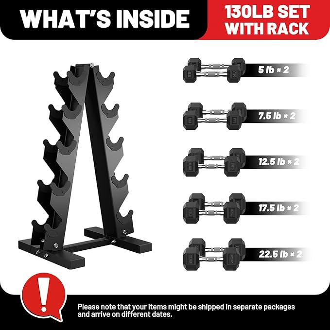 PAPABABE Dumbbell Set with Rack, Rubber Encased Hex Dumbbell Free Weights Dumbbells Set with Storage Rack, Home Weight Set