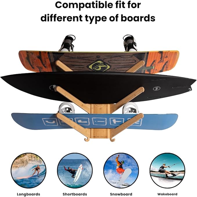 LISS The Sun Rack - Premium Wood Surfboard Wall Mount Rack Display, Ski, Snowboard Holder for 3 Boards for Garage & Home Storage with Built-In Drawer & Hooks for Longboards Shortboards, Wakeboards