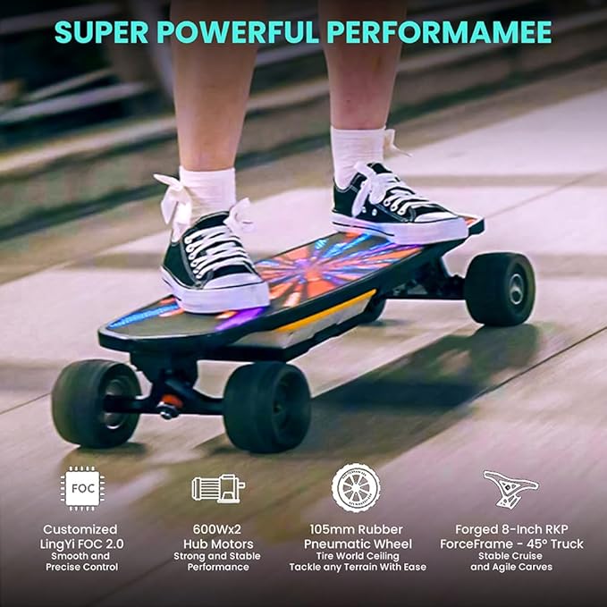 Pixel Mini Electric Skateboard with Remote, 2 × 600W Motors, 28Mph Top Speed, 4 Speed Smooth Braking, Suitable for Adults and Teens Beginners, LED Screen Electric Skateboards