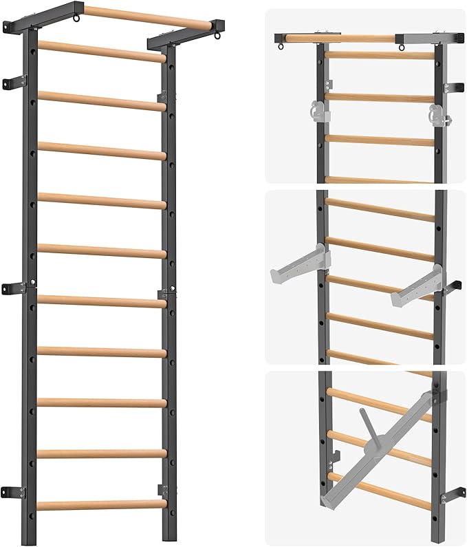Wood Stall Bar, 2"x2" Swedish Ladder with 1" Hole, 11 Strategic Rods, Wall Mounted Suspension Trainer for Home, Gym, School and Clinic