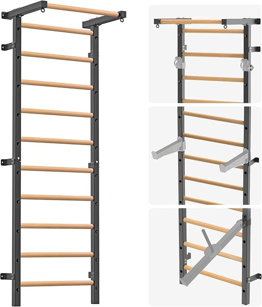Wood Stall Bar, 2"x2" Swedish Ladder with 1" Hole, 11 Strategic Rods, Wall Mounted Suspension Trainer for Home, Gym, School and Clinic