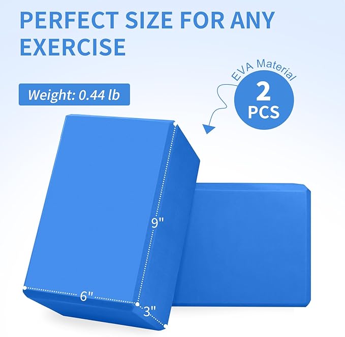 Yoga Block 2 Pack 9"x6"x3", Sturdy Yoga Foam Blocks, High Density & Non Slip Surface for Pilates & Stretching, Fitness Accessories for Stability & Balance