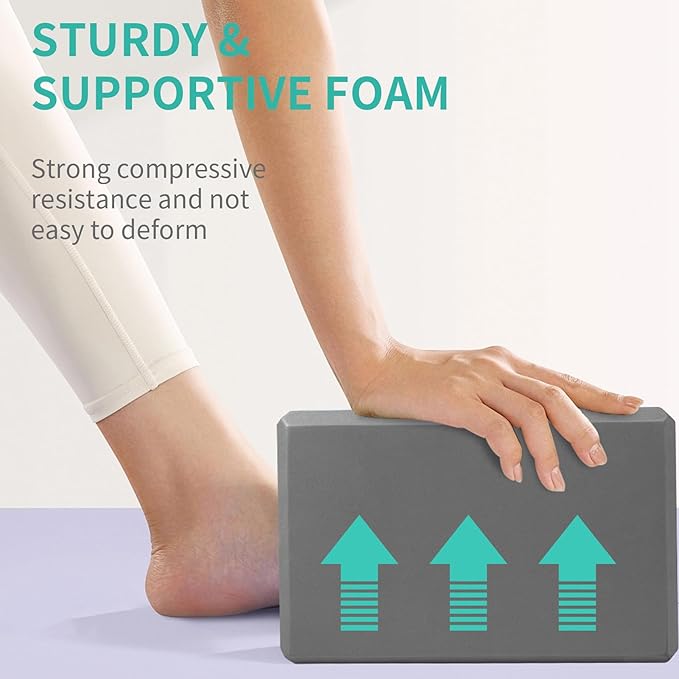 Yoga Block 2 Pack 9"x6"x3", Sturdy Yoga Foam Blocks, High Density & Non Slip Surface for Pilates & Stretching, Fitness Accessories for Stability & Balance