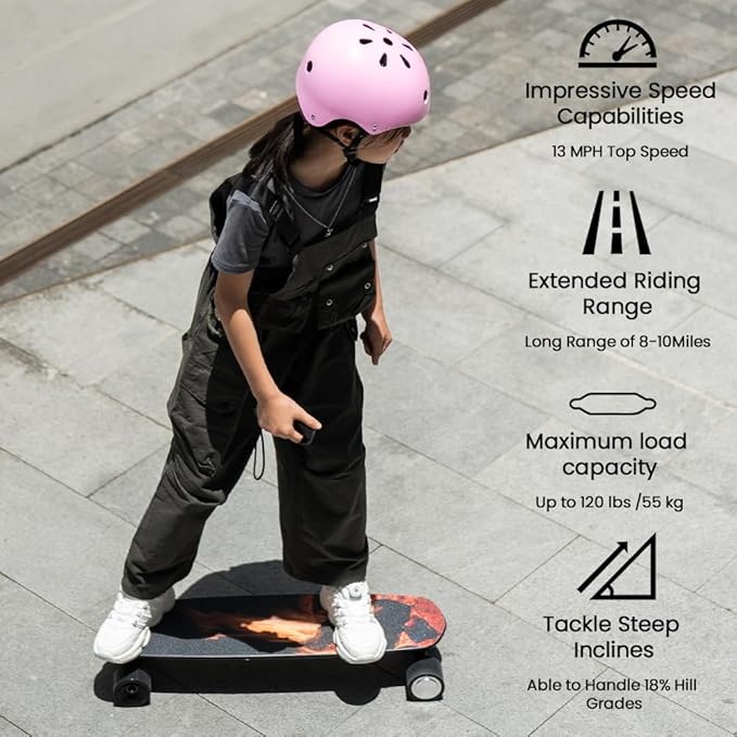 Electric Skateboard with Remote, 200W Motors/2 × 600W Motors, 13Mph/28Mph Top Speed, 4 Speed Smooth Braking, Suitable for Adults and Teens Beginners-Flamo/S3 Mini
