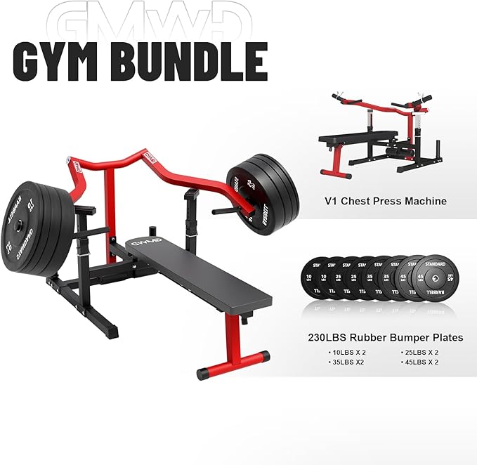 GMWD Chest Press Machine, 1050LBS Bench Press Machine with Independent Converging Arms, Adjustable Flat Incline Bench for Chest, AB Workouts, Shoulder Home Gym Equipment, V1
