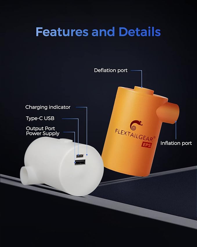 FLEXTAILGEAR Portable Camping Air Pump, Electric Air Mattresses Pump with 3600mAh Emergency Power Supply, 300 L/min Airflow for Rapid in/Deflation for Air Bed, Pool Float, Inflatables, Sleeping Pads