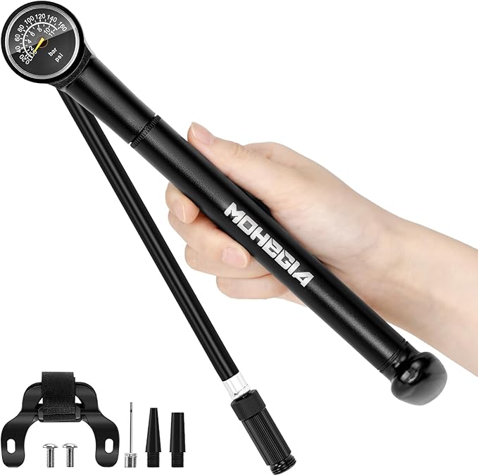 MOHEGIA Bike Frame Pump with Gauge: Protable Bicycle Pump 160 PSI - Fits Schrader & Presta Valve - Compact Mini & Durable Fast Inflation with Ball Pump Needles