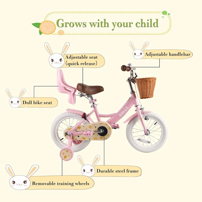 RULLY Fruit Kids Bike 12 14 16 Inch Bicycle for Girls Ages 2-7 Years, Training Wheels Included, Girl Bikes with Basket & Doll Seat