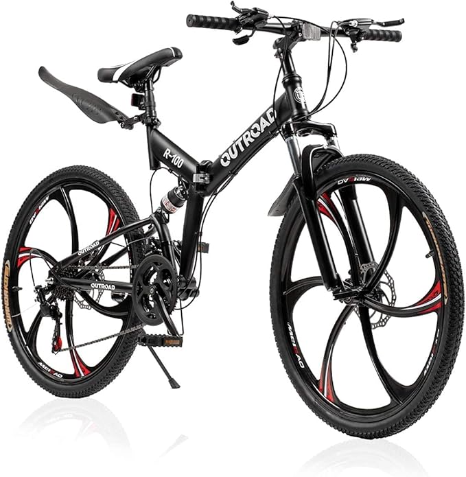 26 ich Folding Mountain Bike, 21 Speed High Carbon Steel Mountain Bike for Adults with 26 Inches Durable Tires, Front Suspension Folding Bicycle for Women and Man