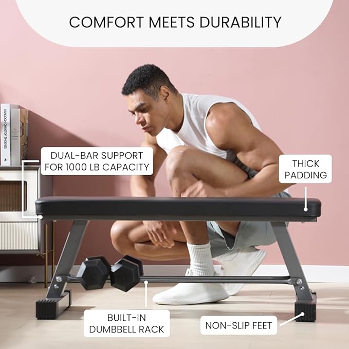 FF Finer Form Essential Flat Weight Bench for Your Home Gym – Heavy Duty Workout Bench for Bench Press, Hip Thrusts & Strength Training Exercise – Compact, Fitness Equipment for Home Use