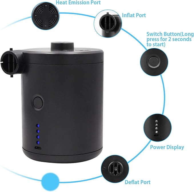 3T6B USB Rechargeable Air Mattress Pumps, Portable Air Pump with 4 Nozzles for Outdoor Camping, Air Mattress, Inflatable Couch, Pool Toy