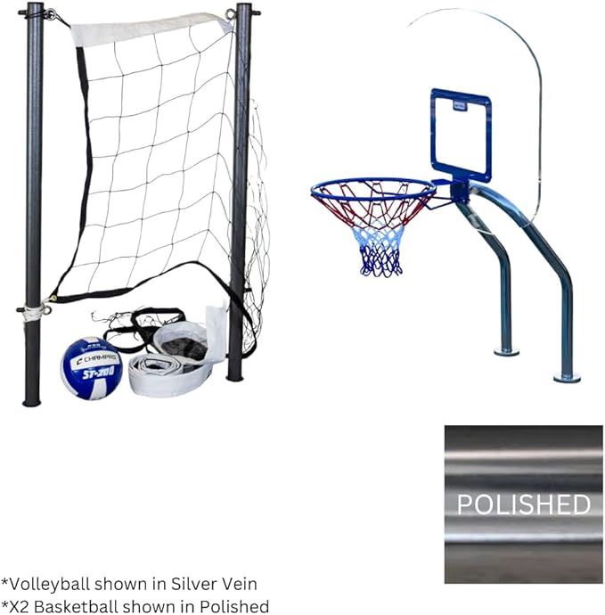 Global Pool Products X2 Basketball and Volleyball Pool Game - Set Includes 16' Net & Ball Stainless Steel Polished - No Anchor GPP-X2VB16-SS