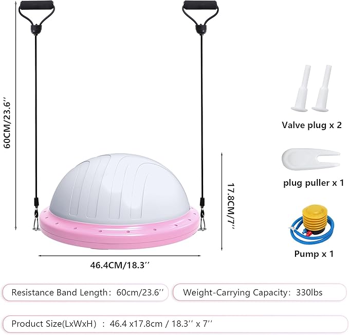 ZPZ Half Balance Ball Trainer, Compact Portable Inflatable Exercise Yoga Stability Ball with App-Based Balance Game, Pilates Resistance Bands, Foot Pump, Non-Slip Base for for Full-Body Workouts, Home Gym & Easy Storage (18.3 Inch Pink)