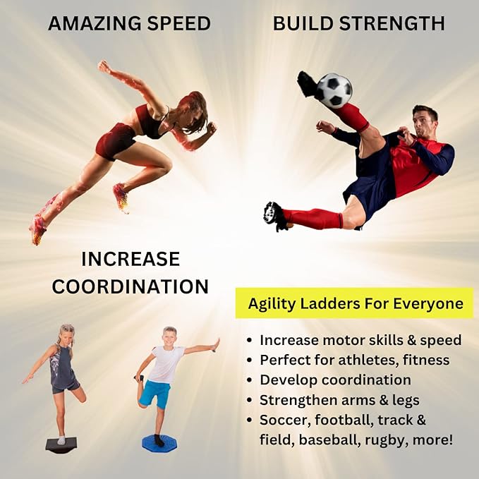 DELUXE EDITION Agility Ladder Training Set - 13 Rung 21ft Agility Ladder w/13 Disc Cones, Carry Bag - Improve Speed & Strength Soccer, Football, Basketball w/4 Steel Pegs for Outdoor Workout Charts