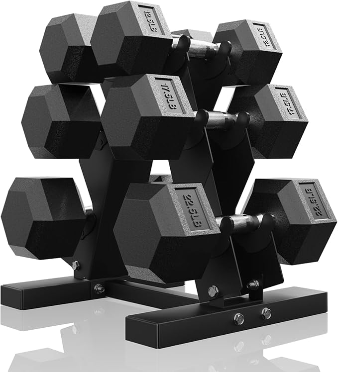 PAPABABE Dumbbell Set with Rack, Rubber Encased Hex Dumbbell Free Weights Dumbbells Set with Storage Rack, Home Weight Set