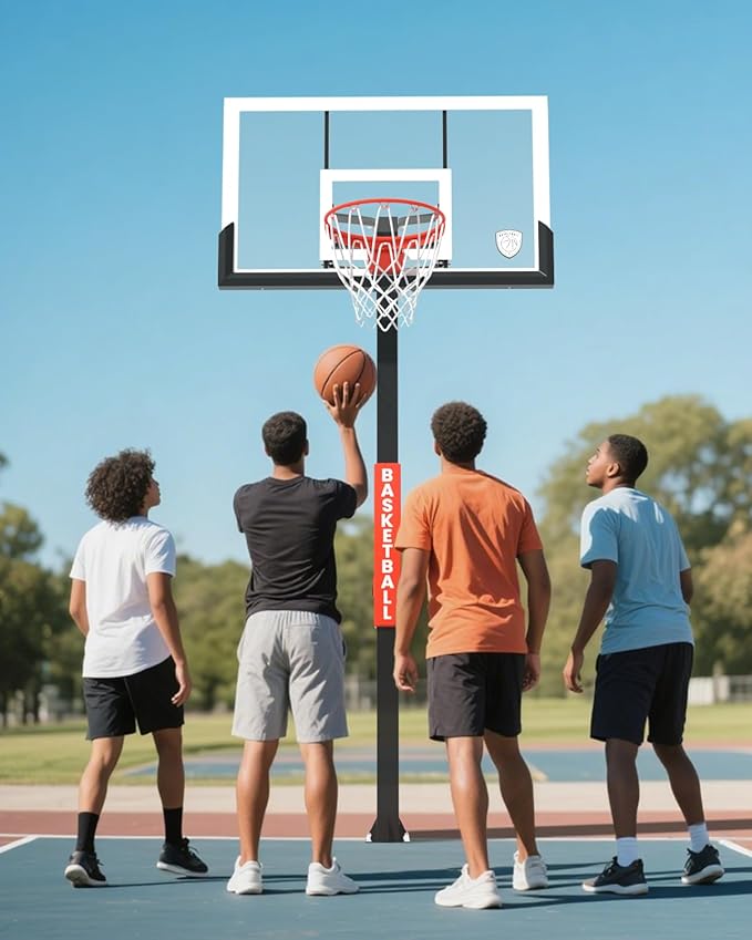 IGL In Ground Basketball Hoops, 54 Inch Tempered Glass Backboard Basketball Hoop Outdoor, 7.5-10 FT Height Adjustable Basketball Hoops & Goals System, Reinforced and Thickened Square Tube Iron Steel