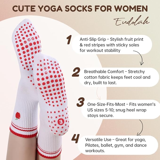 EUDOLAH Cute Yoga Socks for Women Pilates Barre Breathable Non-Slip Crew Grip Sock With Stripes Anti-friction Athletic Socks