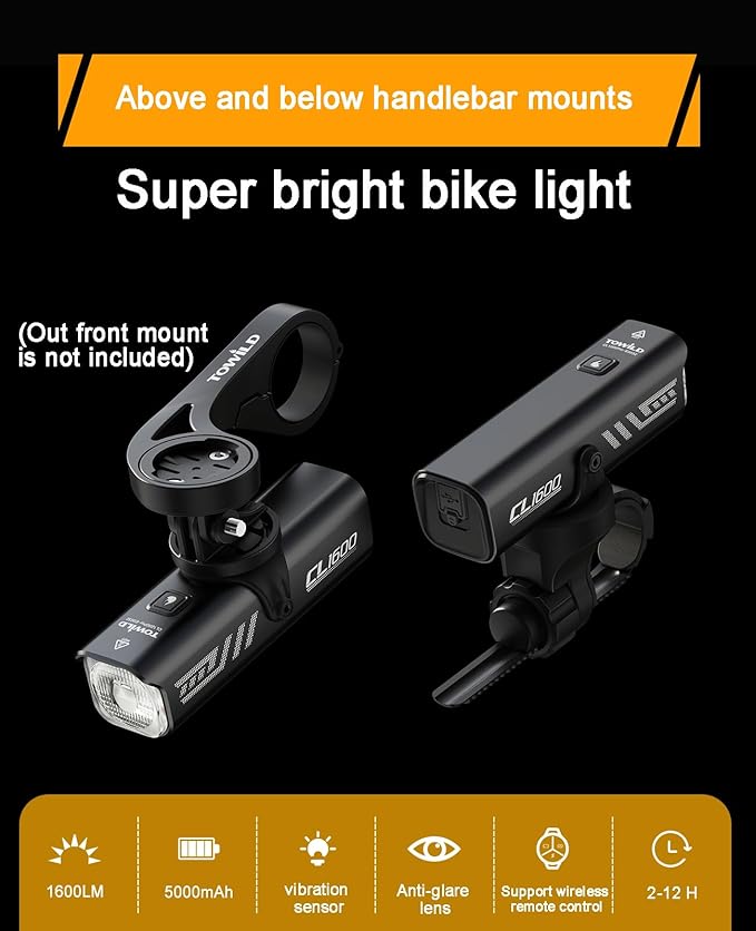 TOWILD Bike Lights for Night Riding,Compatible with Garmin/GoPro Mount,600 Lumen Bike Headlight,2000mAh Rechargeable Battery,Waterproof Bike Front Light for Commuter Cyclists-Fits All Bikes