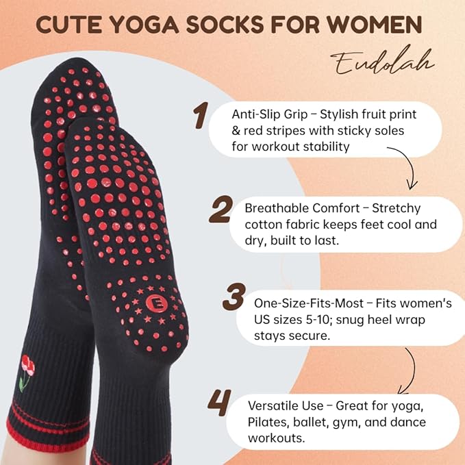 EUDOLAH Cute Yoga Socks for Women Pilates Barre Breathable Non-Slip Crew Grip Sock With Stripes Anti-friction Athletic Socks