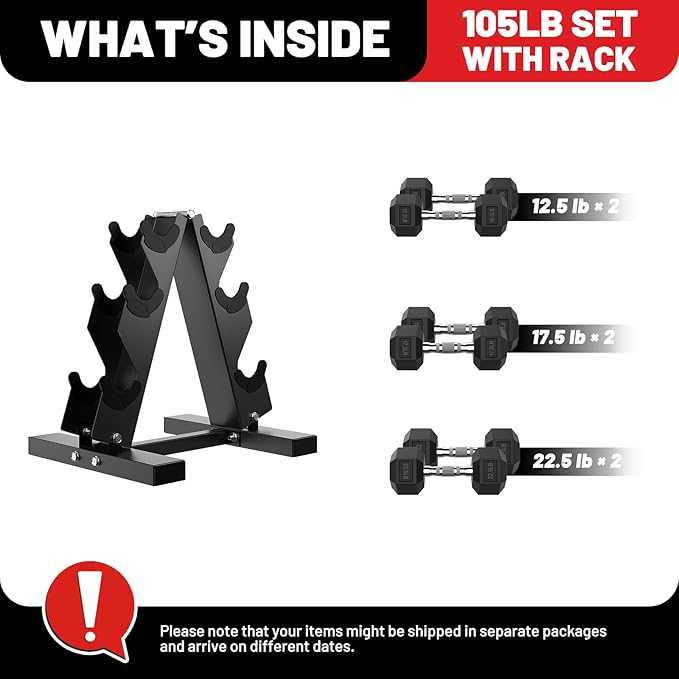 PAPABABE Dumbbell Set with Rack, Rubber Encased Hex Dumbbell Free Weights Dumbbells Set with Storage Rack, Home Weight Set