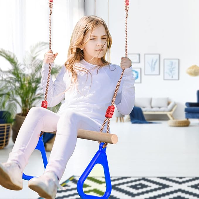 PELLOR Playground Children's Wooden Trapeze Swing Bar with Plastic Gym Rings Swing Set for Indoor & Outdoor Fun