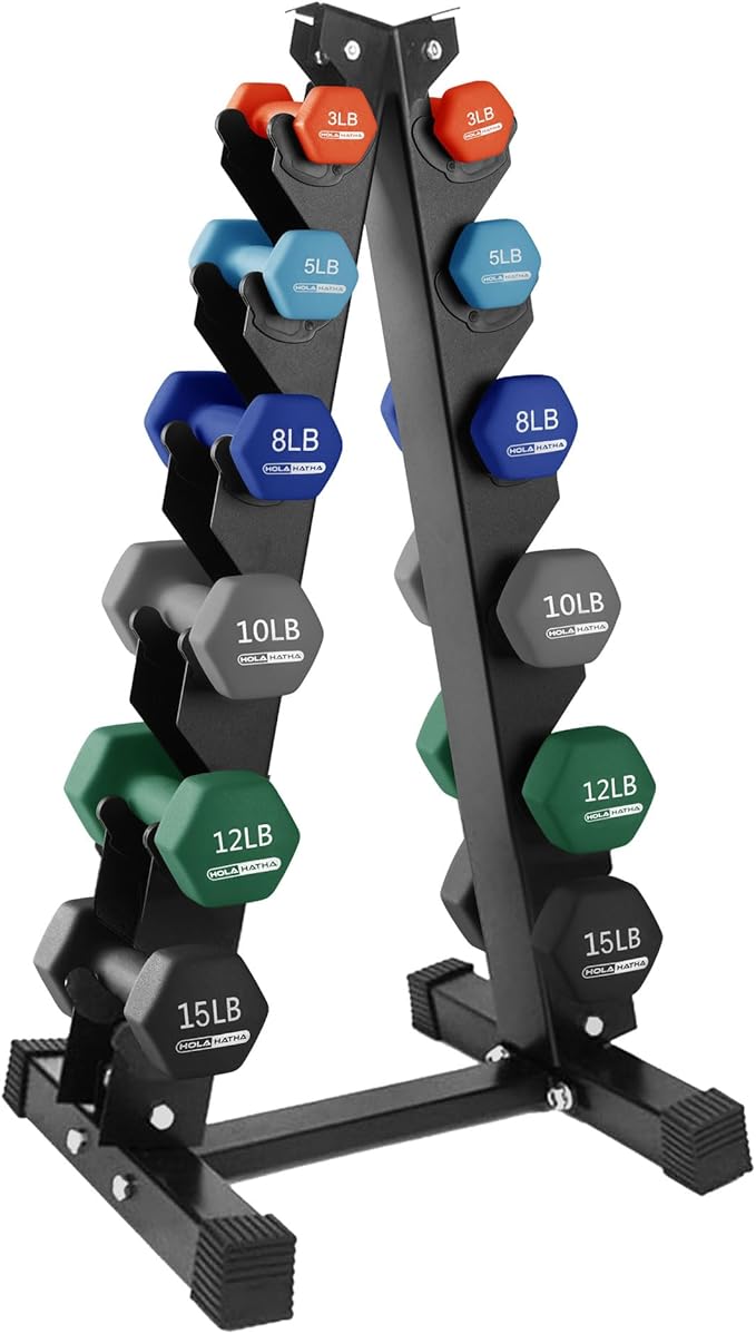 HolaHatha 2, 3, 5, 8, and 10 Pound Neoprene Dumbbell Free Hand Weight Set with Rack, Ideal for Home Exercises to Gain Tone and Definition, Pastel