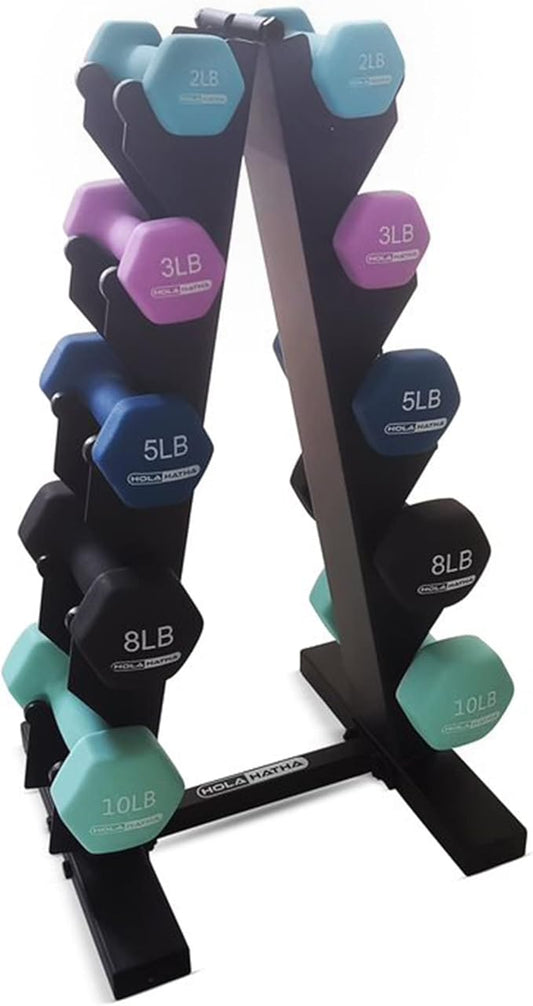 HolaHatha 2, 3, 5, 8, and 10 Pound Neoprene Dumbbell Free Hand Weight Set with Rack, Ideal for Home Exercises to Gain Tone and Definition, Pastel