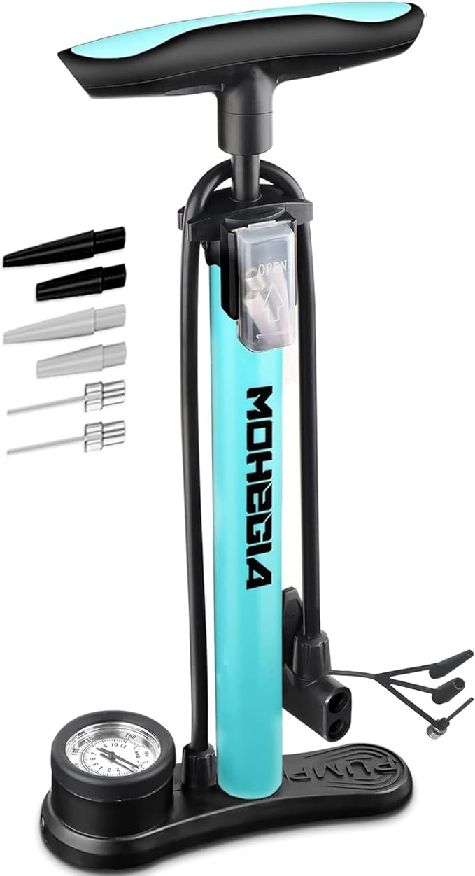 MOHEGIA Bike Floor Pump with Gauge: Air Bicycle Pump with High Pressure 160 PSI,Fits Schrader and Presta Valve -Inflator with Ball Pump Needles for MTB Road Bike, Ball, Balloon, Inflatables