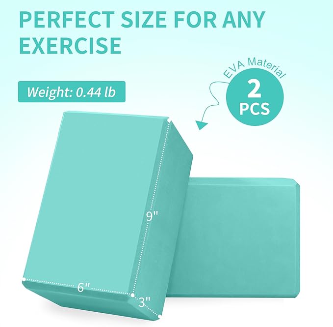 Yoga Block 2 Pack 9"x6"x3", Sturdy Yoga Foam Blocks, High Density & Non Slip Surface for Pilates & Stretching, Fitness Accessories for Stability & Balance