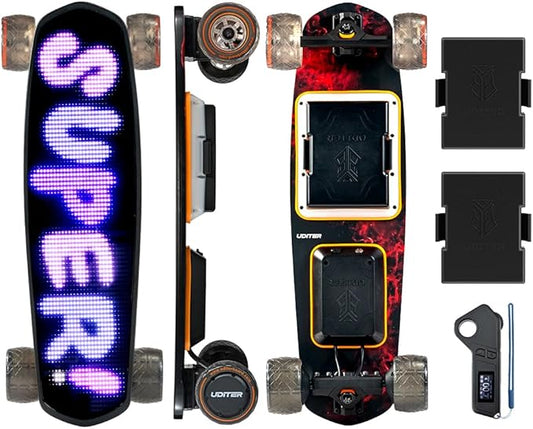 Pixel Mini Electric Skateboard with Remote, 2 × 600W Motors, 28Mph Top Speed, 4 Speed Smooth Braking, Suitable for Adults and Teens Beginners, LED Screen Electric Skateboards