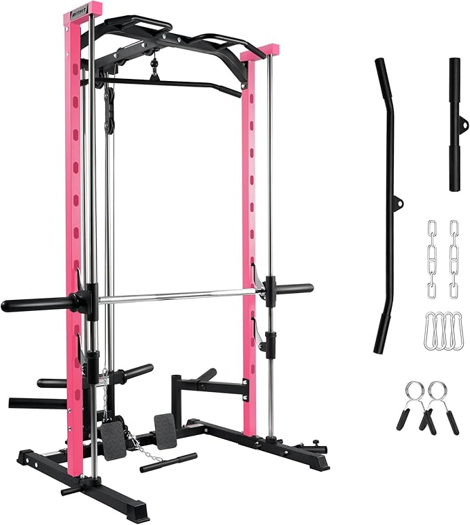 RitFit Smith Machine Power Rack with LAT-Pull Down System, Landmine, Barbell Bar, Plate Storage Pegs and More Training Attachment