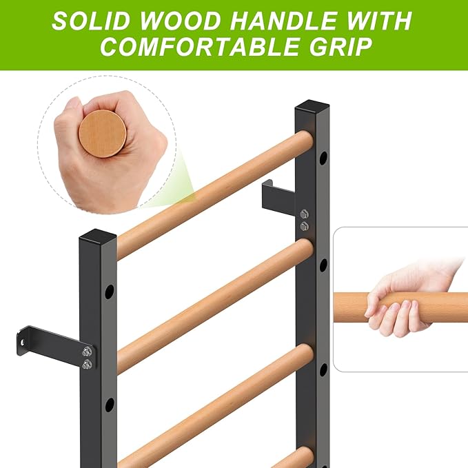 Wood Stall Bar, 2"x2" Swedish Ladder with 1" Hole, 11 Strategic Rods, Wall Mounted Suspension Trainer for Home, Gym, School and Clinic
