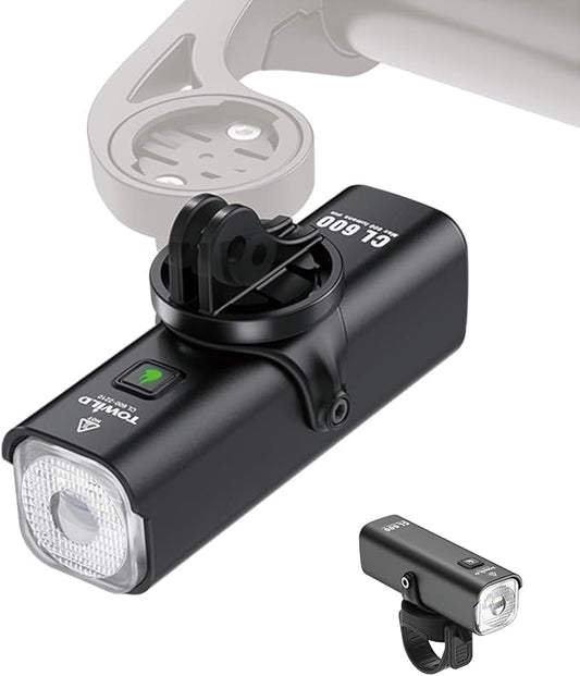 TOWILD Bike Lights for Night Riding,Compatible with Garmin/GoPro Mount,600 Lumen Bike Headlight,2000mAh Rechargeable Battery,Waterproof Bike Front Light for Commuter Cyclists-Fits All Bikes