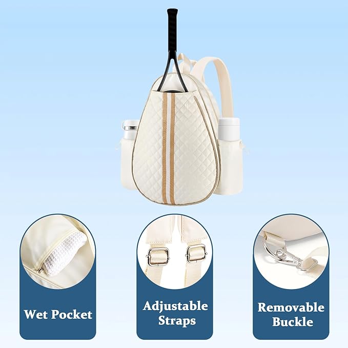 Tennis Bags for Women Quilted Large Tennis Sling Bag Crossbody Backpack Holds 2 Rackets Water Resistant Racket Bag Cover One Shoulder Pickleball Bags for Badminton Racquet Racketball (White)
