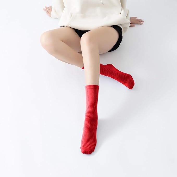 Yoga Pilates Socks with Grips for Women Non Slip Solid Colored Cushioned Crew Compression Socks for Barre Ballet Dance