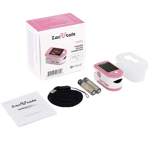 Zacurate Pro Series 500DL Fingertip Pulse Oximeter Blood Oxygen Saturation Monitor with Silicone Cover, Batteries and Lanyard (Blushing Pink)