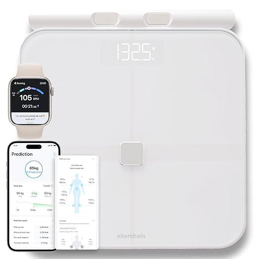 ExerScale AI Smart Scale with Body Weight Prediction, BMI, Body Fat, Muscle Mass, Workout, Food Tracking, Bluetooth Digital Scale with 8 Electrodes, High Accuracy Health Analyzer by EXERCHAIN - White